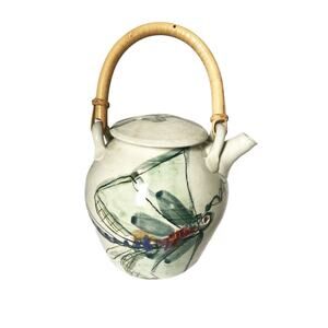 Studio Pottery Hand Painted Dragonfly Bamboo Handle Teapot Signed